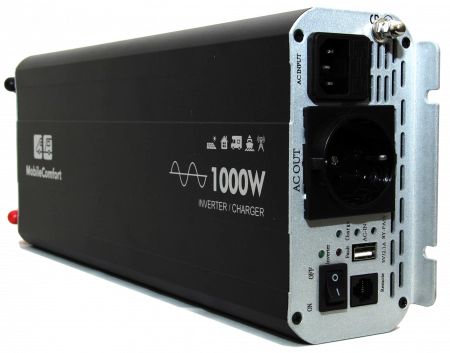 Инвертор MobileComfort S1012-BC, 1000Вт, 12В, чистый синус, розетка 230V, встроенное зарядное устройство 10А, схема приоритетов 230V, функция бесперебойника, USB выход, в комплекте настенная панель управления и провода подключения